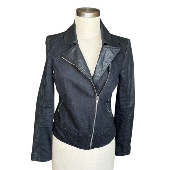 7FAM 7 For All Mankind Black Gray Faux Leather Moto Jacket Asymmetric Zip Size S - Picture 1 of 8